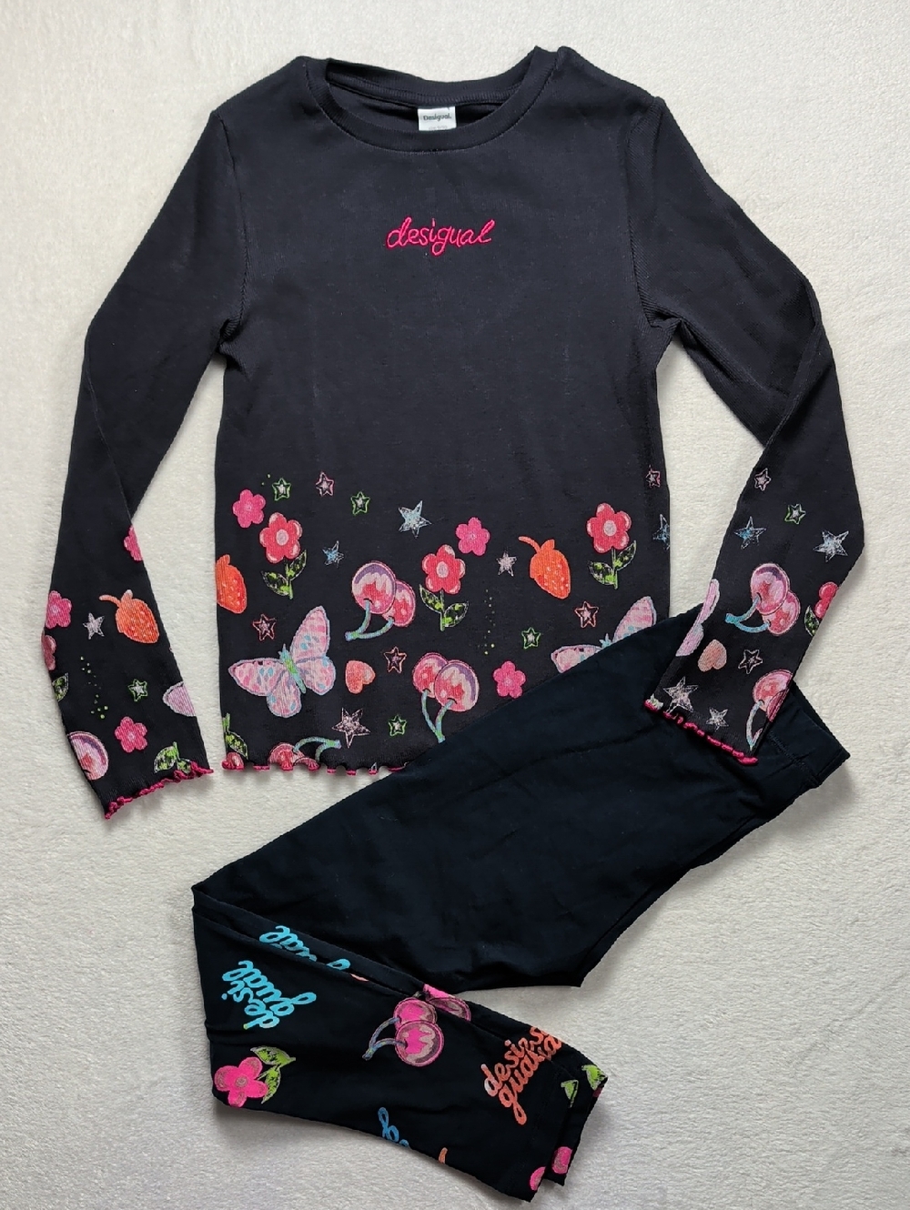Desigual Kids Top & Pants - Dark Blue with Floral & Butterfly Design 9/10 Years